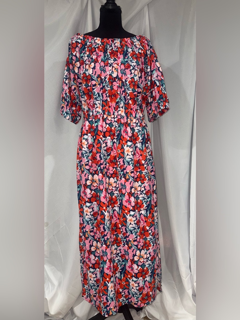 Pink & Red Floral Maxi Dress with Elastic Waist